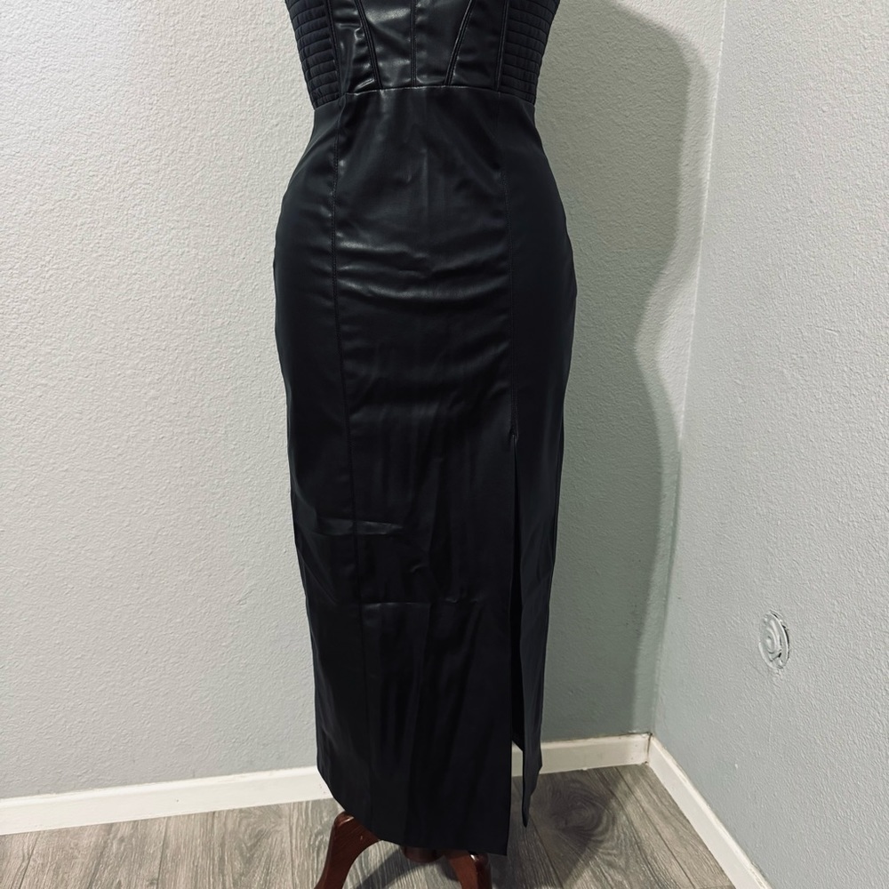 Zara Bloggers Fav Topstitched Faux Leather Midi Slit Christmas CutOut Dress Sz M - Picture 11 of 17